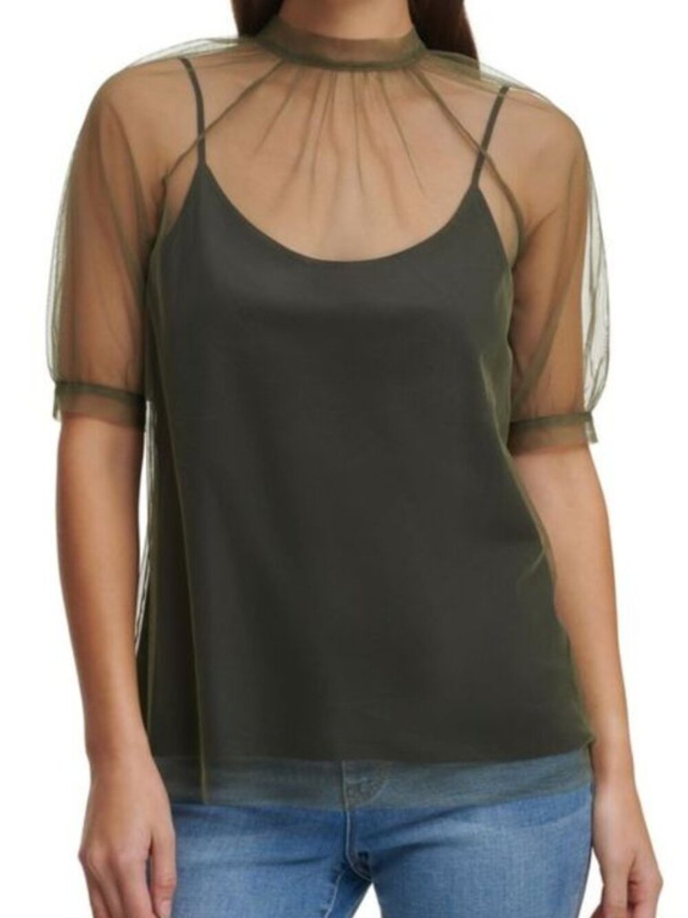 DKNY Olive Green Short Sleeve Gathered Neckline Back Zip Sheer Over-Top Size S